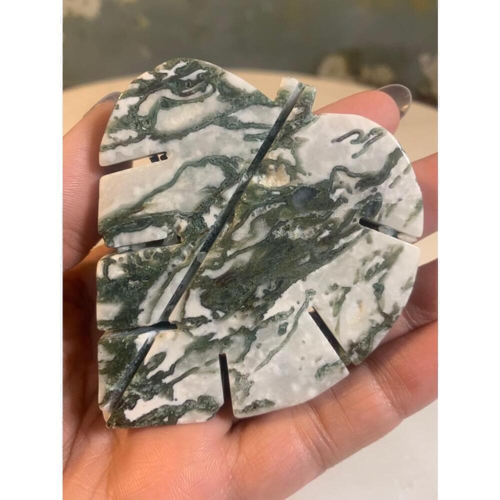 Moss Agate carved blessings leaf